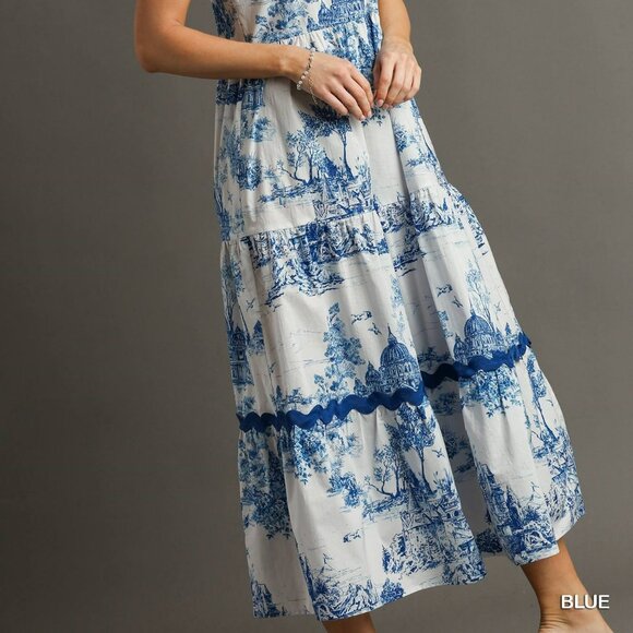 NWT Umgee Blue And White Landscape Tiered Dress With Ric Rac Trim - Picture 3 of 6